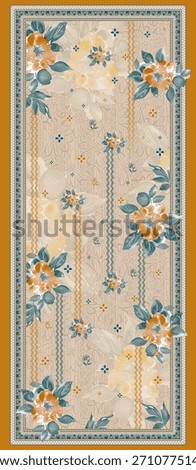 The dupatta features a beige base with vertical striped patterns and floral arrangements of orange and white flowers accompanied by teal-green leaves. The design includes decorative borders on the edg