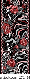 El dupatta presenta un diseño audaz y Vertical de rosas rojas con hojas verdes y Pequeños brotes blancos sobre un fondo negro con ondas abstractas fluidas de color rosa, blanco y gris y rayas diagonales. Los bordes tienen un borde en zigzag rojo-blanco.