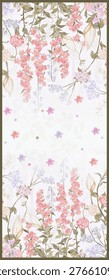 The Dupatta features a delicate, vertically aligned floral pattern on a white background. It showcases pink cherry‑blossom‑like flowers and purple blossoms intertwined with green leaves and subtle beige calla‑lily accents, framed by an olive‑green border.