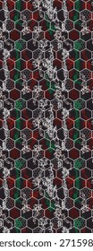 La dupatta presenta un moderno patrón geométrico de rejillas hexagonales blancas superpuestas sobre un fondo negro con acentos texturizados en rojo y verde dentro de los hexágonos; en los espacios entre los hexágonos aparecen detalles de salpicaduras de color blanco como florales.