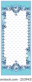 Dupatta pattern made of small blue snowflakes on white background with ice blue floral border.