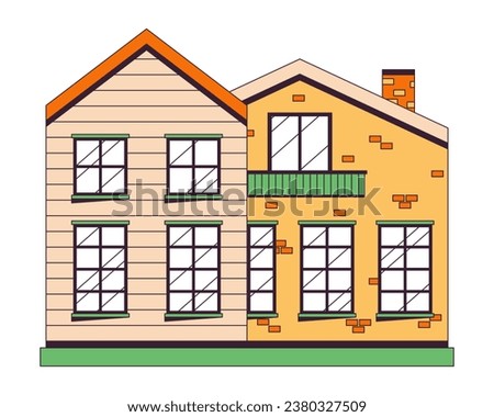 Duplex apartments 2D linear cartoon object. Townhouse residential isolated line vector element white background. Neighborhood suburban. Dwelling exterior. Condo building color flat spot illustration