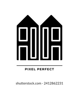 Duplex black glyph icon. Two dwelling units. Attached houses. Neighborhood. Real estate purchase. Multifalmily home. Silhouette symbol on white space. Solid pictogram. Vector isolated illustration