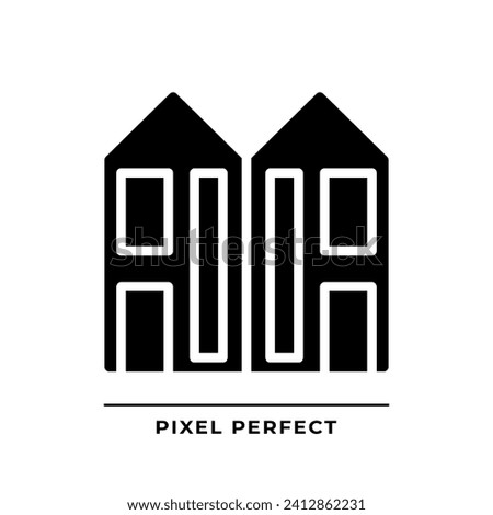 Duplex black glyph icon. Two dwelling units. Attached houses. Neighborhood. Real estate purchase. Multifalmily home. Silhouette symbol on white space. Solid pictogram. Vector isolated illustration