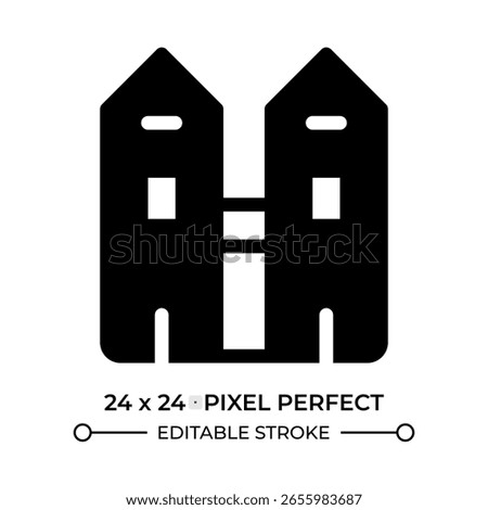 Duplex glyph ui icon. Urban apartments, housing. Real property, residence. Condominium, neighborhood. Black solid silhouette symbol vector. User interface element isolated, pixel perfect