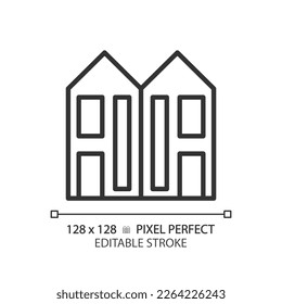 Duplex pixel perfect linear icon. Two dwelling units. Attached houses. Neighborhood. Real estate. Multifalmily home. Thin line illustration. Contour symbol. Vector outline drawing. Editable stroke