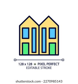 Icono de color RGB perfecto para píxel dúplex. Dos viviendas. Casas adosadas. Vecindad. Inmobiliaria. La casa multifalaria. Ilustración vectorial aislada. Dibujo de línea simple relleno. Trazo editable