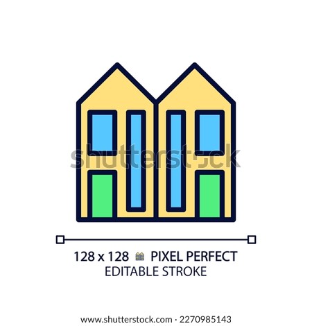 Duplex pixel perfect RGB color icon. Two dwelling units. Attached houses. Neighborhood. Real estate. Multifalmily home. Isolated vector illustration. Simple filled line drawing. Editable stroke