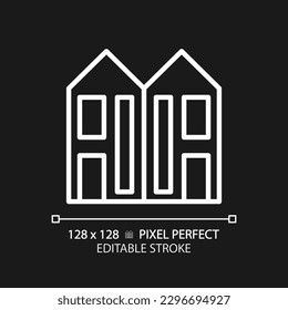 Duplex pixel perfect white linear icon for dark theme. Two dwelling units. Attached houses. Real estate. Multifalmily home. Thin line illustration. Isolated symbol for night mode. Editable stroke
