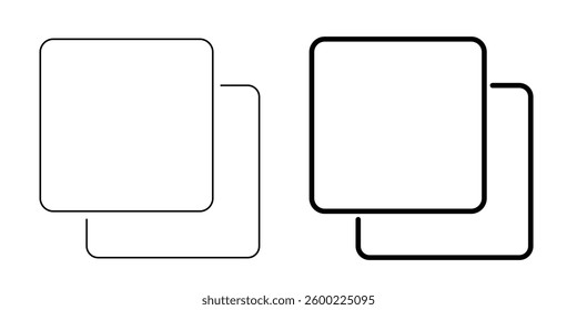 Duplicate icon in deffernt style. copy icon in thin line on white background. Two overlapping sheets icon. 