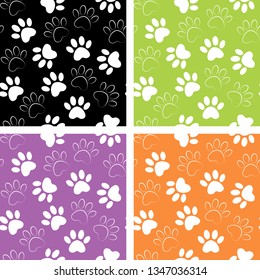 Duplicate patterns and textures can be used for printing onto fabric, web page background and paper. Set of multicolored vector backgrounds with paw print.