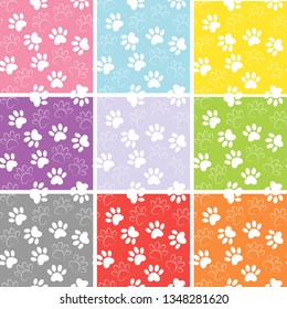 Duplicate patterns and textures can be used for printing onto fabric, web page background and paper. Set of multicolored vector backgrounds with paw print.