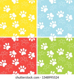 Duplicate patterns and textures can be used for printing onto fabric, web page background and paper. Set of multicolored vector backgrounds with paw print.