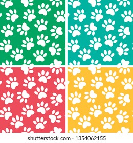 Duplicate patterns and textures can be used for printing onto fabric, web page background and paper. Set of multicolored vector backgrounds with paw print.