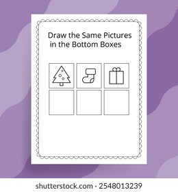 Duplicate the Pictures in the Grid - Fun Learning Worksheet, sock,Christmas tree,gift, Vector Illustration