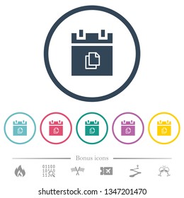 Duplicate schedule item flat color icons in round outlines. 6 bonus icons included.