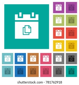 Duplicate schedule item multi colored flat icons on plain square backgrounds. Included white and darker icon variations for hover or active effects.