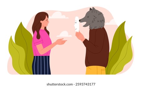 Duplicity and deception, hypocrisy in relationships, hiding aggressive dishonest true intentions. Liar holding kind mask to pretend to be friend to woman, hide wolf face cartoon vector illustration