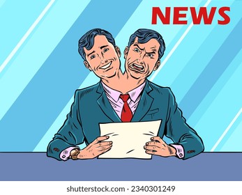 Duplicity of the media towards themselves and their viewers. The mask that the hosts of the show have to wear. A man in a suit with two heads, one happy and the other angry. Pop Art Retro Vector