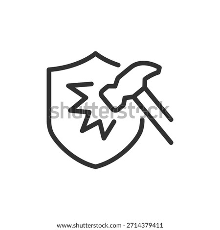 Durability, shield with hammer impact, linear icon. Shock resistance and protection. Line with editable stroke.