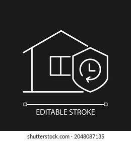 Durability white linear icon for dark theme. Building materials reliability. House life expectancy. Thin line customizable illustration. Isolated vector contour symbol for night mode. Editable stroke