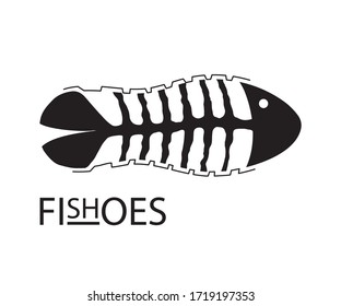 Dauerhafte schwarze Fischskelette und Seezunge einzeln auf weißem Hintergrund. die Aufschrift "fishoes". Logo-Design für einen Schuhhersteller, Schuhladen, Schuhreparatur-Werkstatt. Flaches Design. Vektorgrafik
