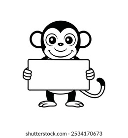 durable cartoon monkey character holding a blank sign, perfect for messages, labels, or promotional designs. Ideal for children's content, educational materials, and playful design projects.