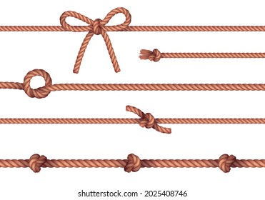 Durable natural straight rope cord pieces with simple knots lashings horizontal set decorative border pattern vector illustration