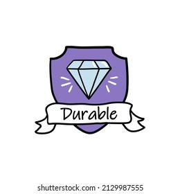 Durable Product Emblem, Shield Icon With Sign. Isolated On White Logotype Design With Hand Drawn Diamond And Ribbon. Goods Protection With Strong Material, Vector Illustration