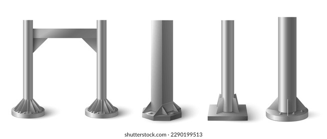 Durable steel poles with different shapes and diameter set. Realistic metallic banner mount and holder vector illustration isolated on white background