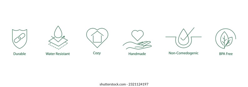 durable, water resistant, cozy, handmade, non comedogenic, bpa free icons vector illustration 
