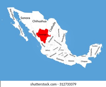 Durango, Mexico, vector map silhouette isolated on Mexico map. Editable blank vector map of Mexico. 