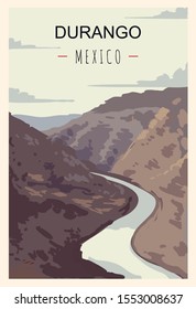 Durango retro poster. Durango travel illustration. States of Mexico greeting card. 