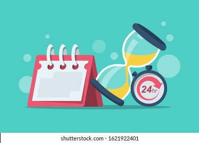 Duration concept. Vector illustration cartoon design. Calendar stopwatch and hourglass isolated on background. Time flat icon.