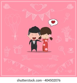 Duration cute cartoon Wedding couple men and women card for chinese dress, cute Valentine's Day card, drawing by hand vector and digital illustration