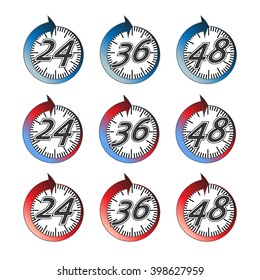 Duration hour icon set. Expiry time frame. Deadline 24 hours 36 hours 48 hours. Isolated vector graphic illustration set 