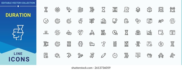 Duration icon set. It contains symbols to schedule, sandglass, day, countdown, hourglass, hour and more. Outline icons pack. Day icon. Editable vector stroke.