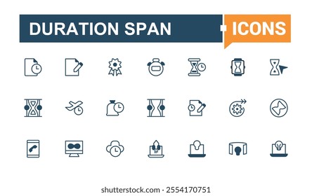 Duration Span vector line icon set. Related to duration and time and more. Isolated icons design. Editable vector outline and solid icons.