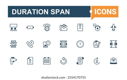 Duration Span vector line icon set. Related to duration and time and more. Isolated icons design. Editable vector outline and solid icons.