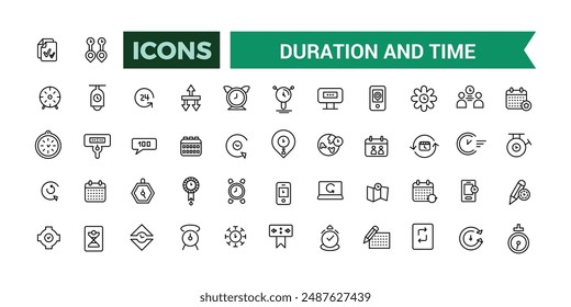 Duration and Time icons set outline vector.Outline icons pack. Editable vector line icon set and illustration for web and UI application.