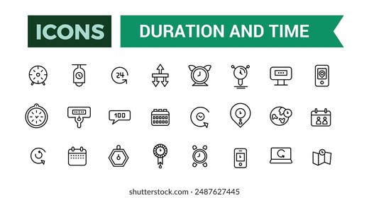 Duration and Time icons set outline vector.Outline icons pack. Editable vector line icon set and illustration for web and UI application.