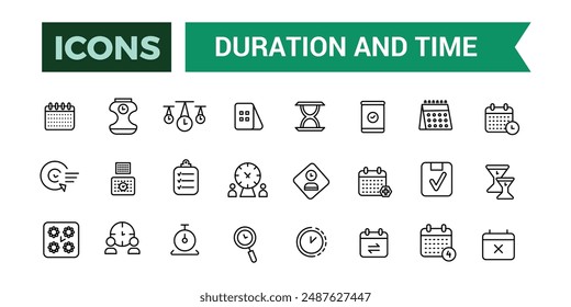 Duration and Time icons set outline vector.Outline icons pack. Editable vector line icon set and illustration for web and UI application.