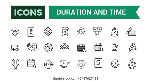 Los iconos Duración y Tiempo definen el Vector de contorno.Conjunto de iconos de contorno. Conjunto de iconos de línea de Vector editable e ilustración para el Web y la aplicación de IU.