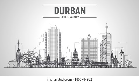 Durban (South Africa)line skyline with panorama at white background. Stroke vector Illustration. Business travel and tourism concept with modern buildings. Image for banner or web site.