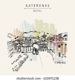 Durbar square and Maju Deval temple in Basantapur, Kathmandu, Nepal, before the earthquake. Travel sketch. Hand drawn vintage postcard, poster template or book illustration in vector