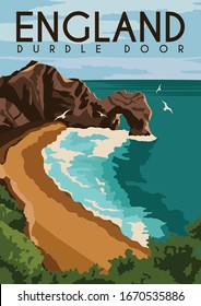 Durdle Door England Vector Illustration Background. Travel to Durdle Door Dorset England United Kingdom. Flat Cartoon Vector Illustration in Colored Style.