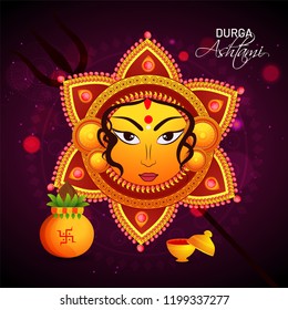 Durga Ashtami poster or greeting card design, illustration of beautiful floral mandala with Goddess Durga Face on abstract purple background.