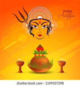 Durga Ashtami poster or template design with illustration of Goddess Durga face and traditional worship equipments on abstract floral background.