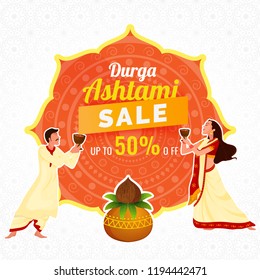 Durga Ashtami sale promotional flyer or advertising template design with 50% offer and dancing character of couple on seamless pattern background.