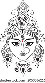 Durga in black line art with three eyes